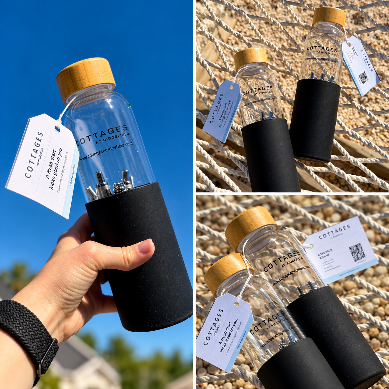 Professionally edited photograph of Cottages at Ridgefield branded bottles with custom tags, QR code and lifestyle presentation